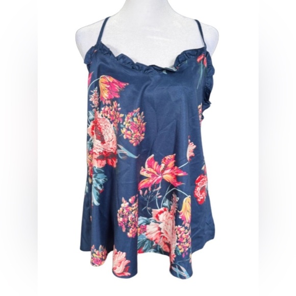 Tops - Floral Navy Cami Tank Top w/ Ruffle Trim & Adjustable Straps